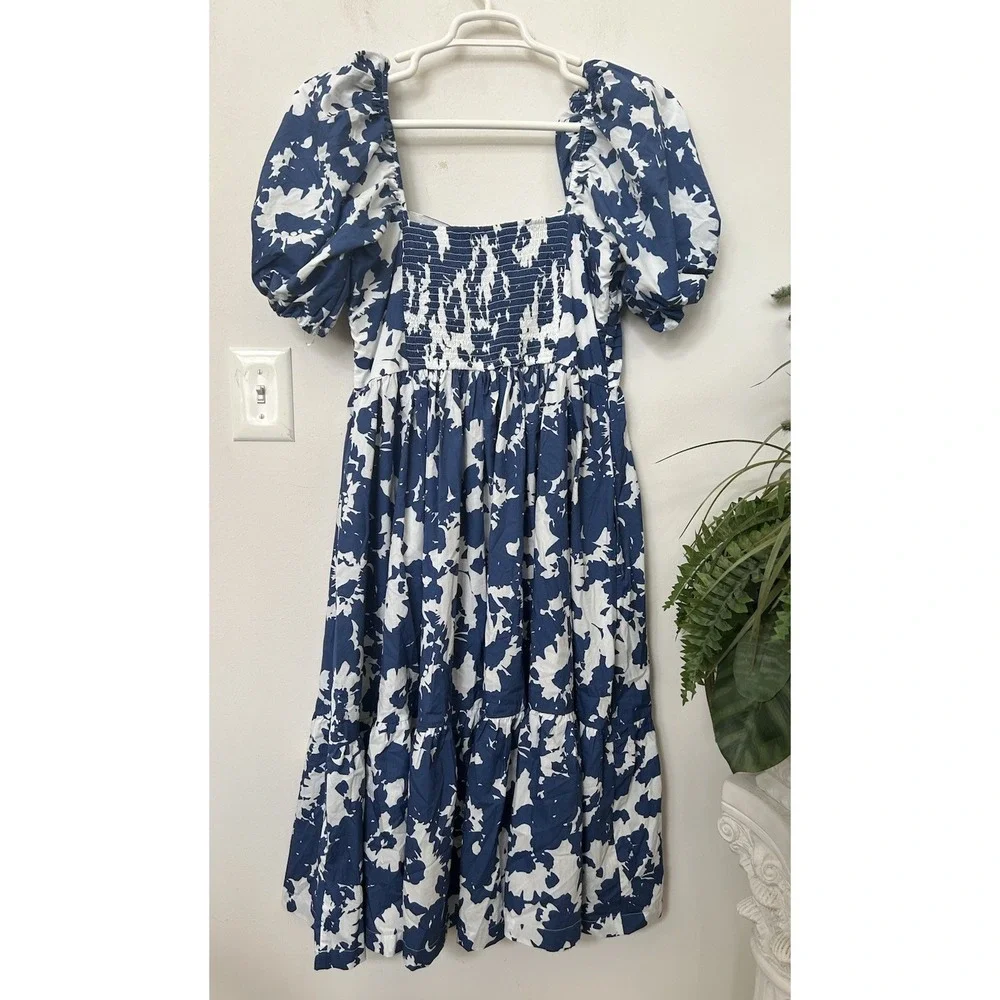 Abercrombie Emerson Poplin Puff Sleeve Dress Floral Blue White Sz LP Coastal